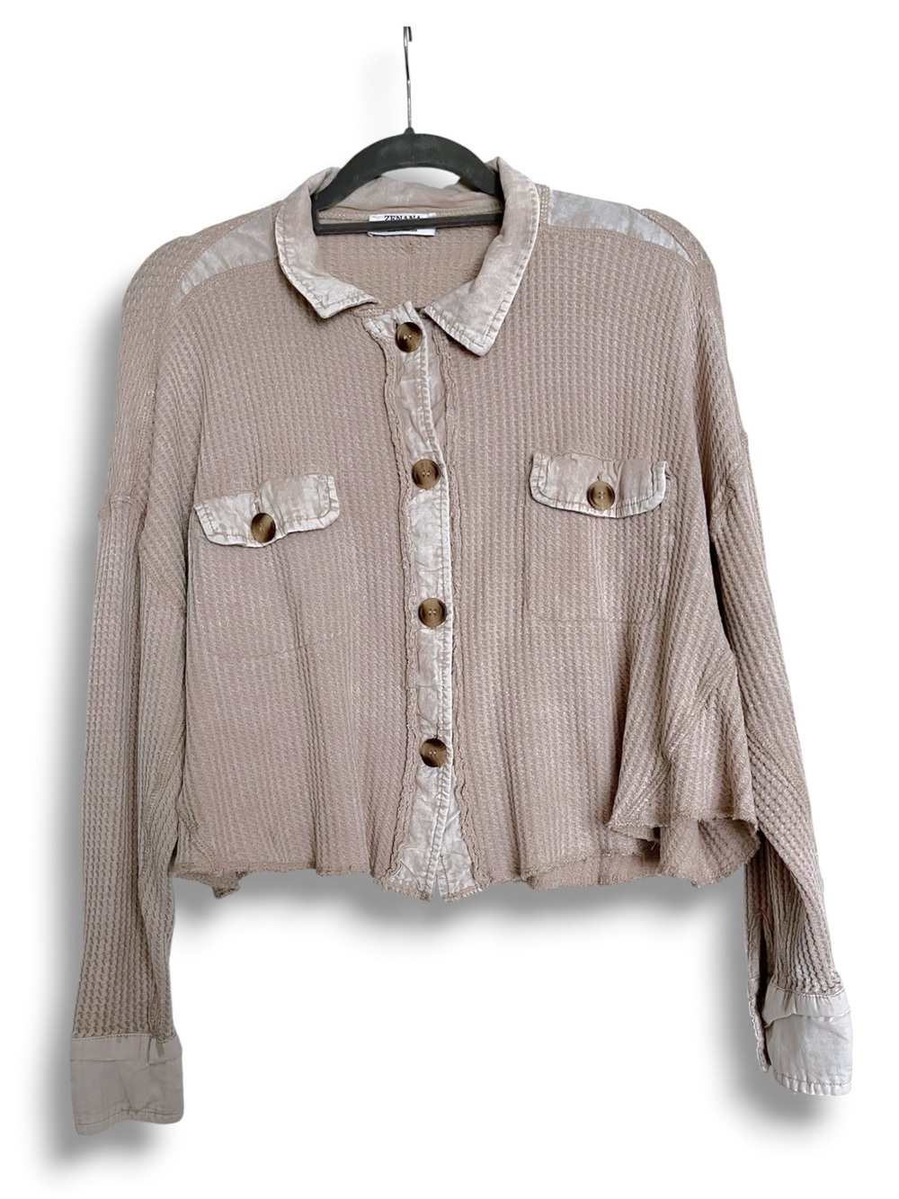 Zenana Boutique Waffle Cropped Button Shacket Small/Medium - Picture 2 of 6
